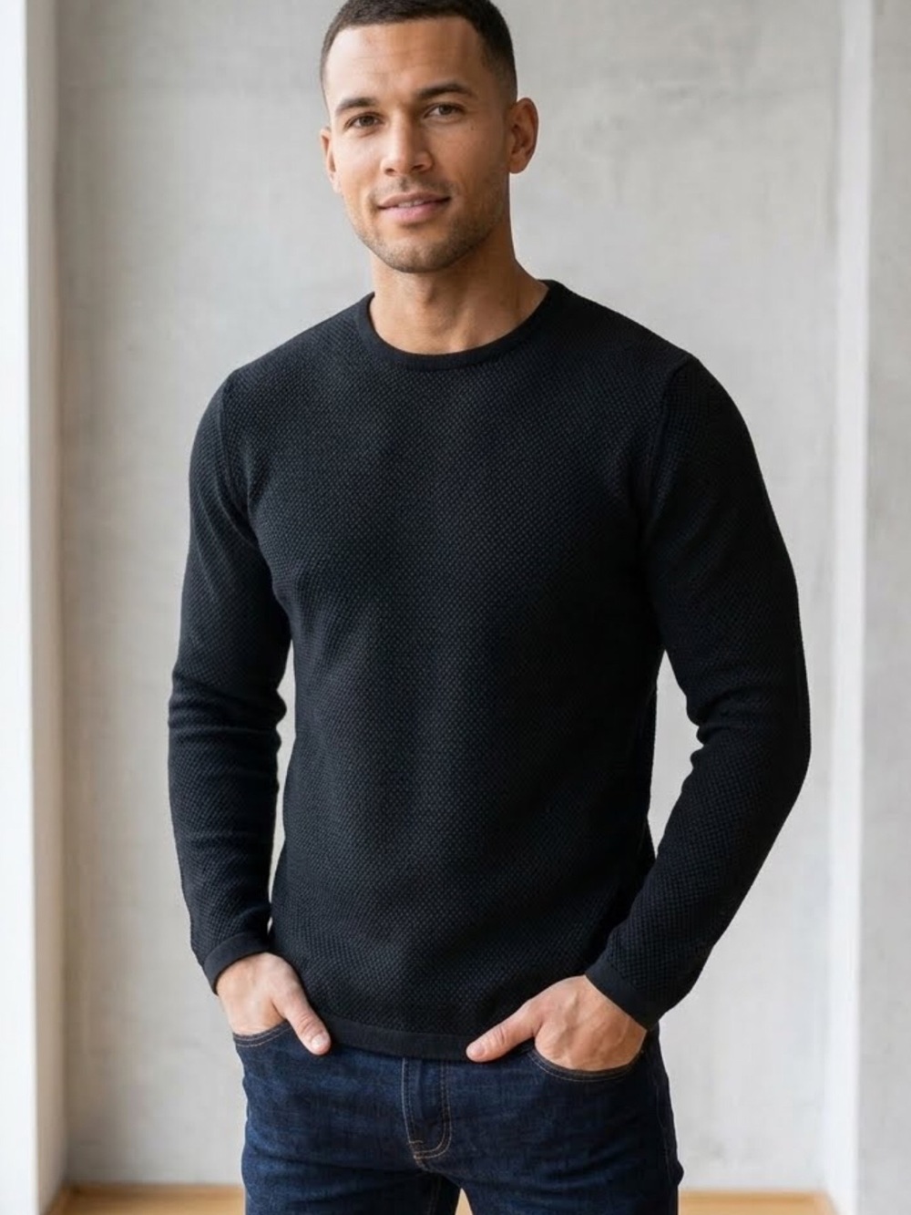 Athletic Slim Fit Heavyweight Cotton Crewneck Pullover Black Sweater Large Knit